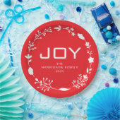 Joy Floral Christmas Wreath Family Custom Name ペーパープレート (パーティー)