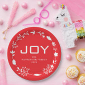 Joy Floral Christmas Wreath Family Custom Name ペーパープレート (パーティー)