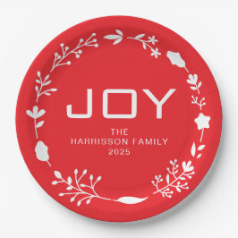 Joy Floral Christmas Wreath Family Custom Name ペーパープレート