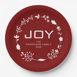 Joy Floral Christmas Wreath Family Custom Name ペーパープレート