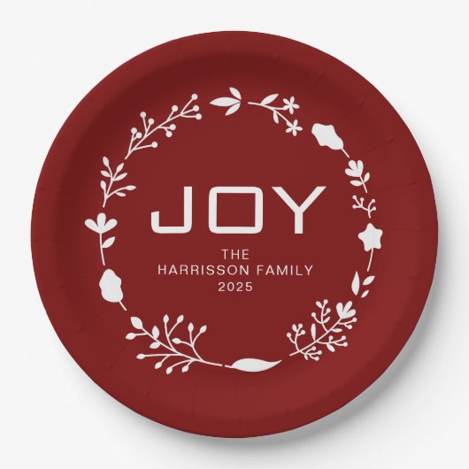 Joy Floral Christmas Wreath Family Custom Name ペーパープレート (正面)