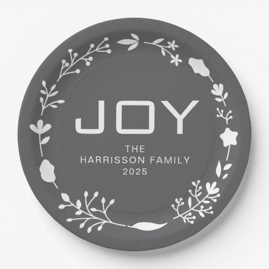 Joy Floral Christmas Wreath Family Custom Name ペーパープレート (正面)