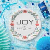 Joy Floral Christmas Wreath Family Custom Name ペーパープレート (パーティー)