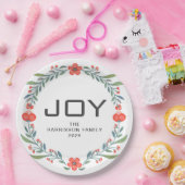 Joy Floral Christmas Wreath Family Custom Name ペーパープレート (パーティー)