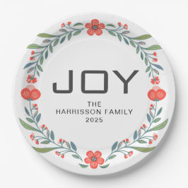 Joy Floral Christmas Wreath Family Custom Name ペーパープレート