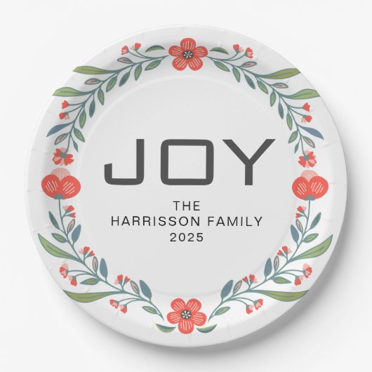 Joy Floral Christmas Wreath Family Custom Name ペーパープレート (正面)