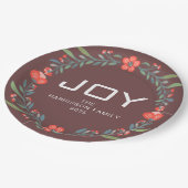Joy Floral Christmas Wreath Family Custom Name ペーパープレート (アングル)