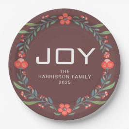 Joy Floral Christmas Wreath Family Custom Name ペーパープレート