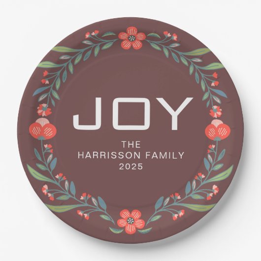 Joy Floral Christmas Wreath Family Custom Name ペーパープレート (正面)