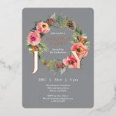 Joy Floral Wreath Gray Christmas Party 箔シーズンカード (正面)
