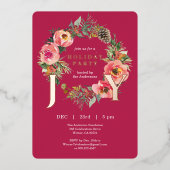 Joy Floral Wreath Red Christmas Party  箔シーズンカード (正面)