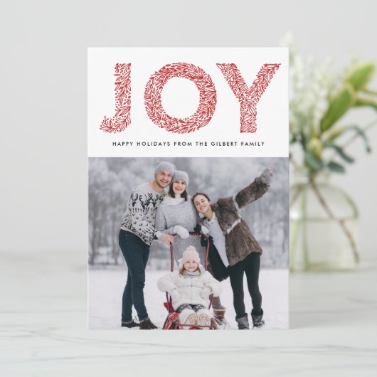 JOY Folidsタイポグラフィ赤クリスマスフォト シーズンカード (スタンド正面)