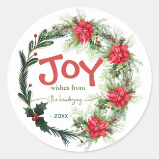 Joy Handwritten Script Name Christmas Wreath  Red  ラウンドシール