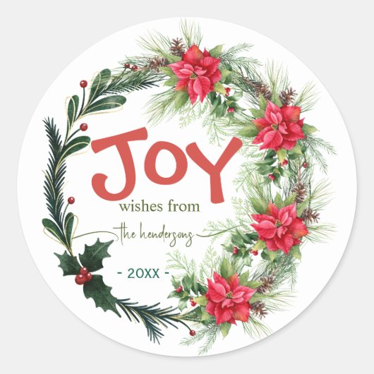 Joy Handwritten Script Name Christmas Wreath  Red  ラウンドシール (正面)
