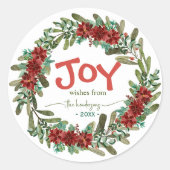 Joy Handwritten Script Name Red Christmas Wreath ラウンドシール (正面)