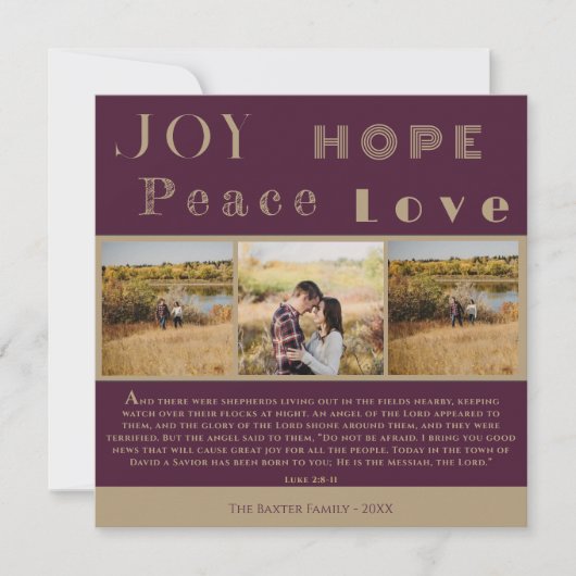 Joy Hope Peace Love Bible Verse 3写真クリスマス シーズンカード (正面)