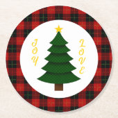 Joy-Love-Custom Plaid Christmas Tree ラウンドペーパーコースター (正面)