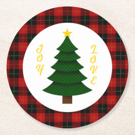 Joy-Love-Custom Plaid Christmas Tree ラウンドペーパーコースター
