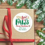 Joy Love PAWS Dog Christmas Pawプリントシール ラウンドシール<br><div class="desc">赤、緑、金ゴールドのタイポグラフィに可愛い小さな前足のプリントと骨を施したお洒落「Joy Love & PAWS」の表現を施したクリスマスステッカー。完璧な愛犬家!こ連絡のデザインを写真の数に合わせて変更するかもし、このデザインを製品に適用して一致するアイテムを作成する必要があります。6月2日までにDoodleLuluを見てくれてどうもありがとうバグデザイン!</div>