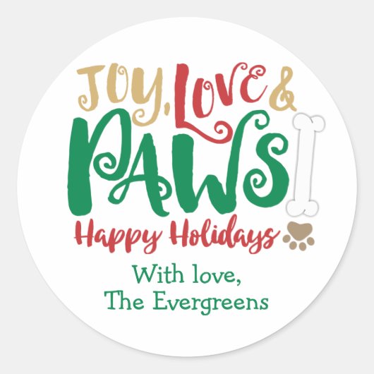 Joy Love PAWS Dog Happy Holidays ラウンドシール (正面)