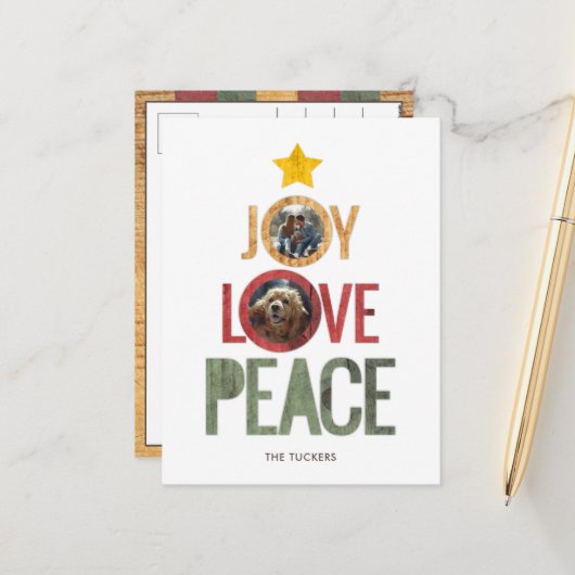 Joy Love Peace写真素朴クリスマスツリー シーズンポストカード (正面/裏面インサイチュ)