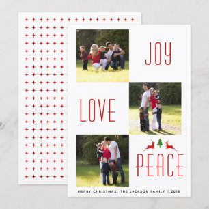 Joy Love Peace赤、白いクリスマスフォトカード 招待状