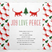 Joy Love Peace cat、ツリーのパターンのクリスマスフォト 三つ折りクリスマスカード (内部中)