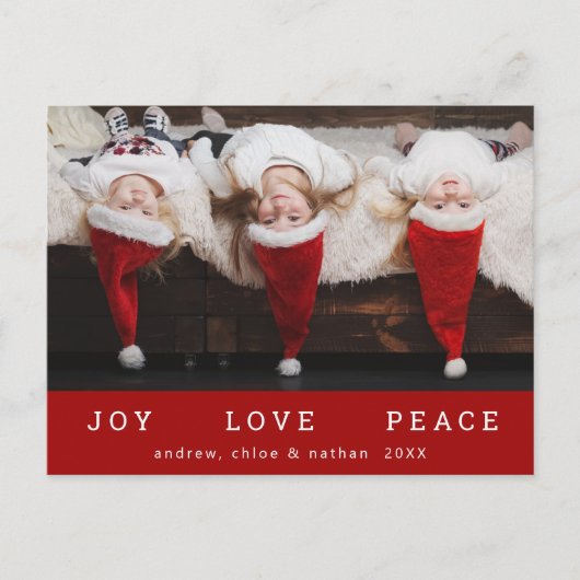 JOY LOVE PEACE CHRISTMASおもしろい Photo Red シーズンポストカード (正面)