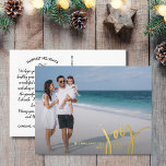 Joy Love Peace Large Photo Christmas Letter金ゴールド 箔シーズンポストカード<br><div class="desc">金ゴールドフォイルの手描きタイポグラフィフォントに「JOY」を搭載したこのフェスティバルハガキで特別な休日の願いを送る実在 – あなたの写真に対してセットカスタム.自分の名前と文字カスタムを前面に簡単に追加し、自分の入力した休日の挨拶を背面に入力したり、手書きノートの離れ宇宙にはノートを削除する。また、差出人住所を背面に追加。このテンプレートはすごい自分のシンプルデザインカードに簡単とカスタムを作る。... 友人や家族はスマイルを受け取るとき彼らはこの美しい、思慮深い、休日はがきを受け取る。</div>