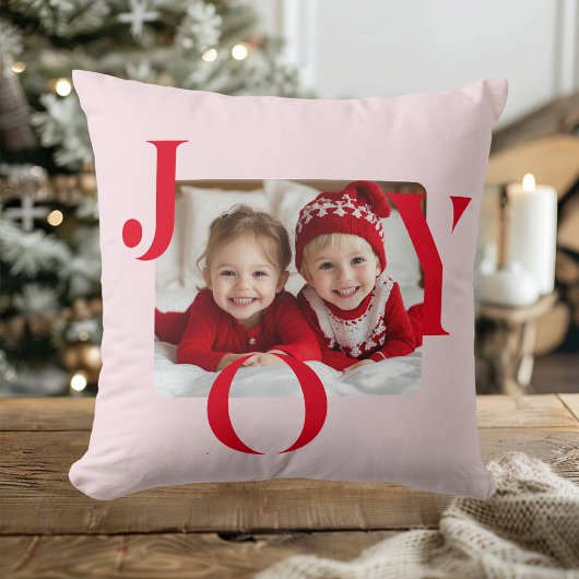 JOY | Modern Red And Pink Christmas Photo Gift クッション