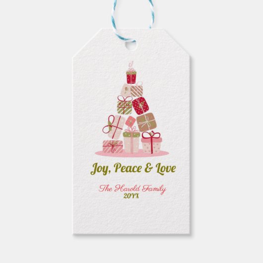 Joy Peace and Love Christmas Treeカード ギフトタグ (正面)