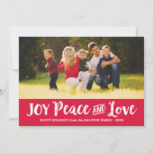 Joy Peace and Love Red Brushedスクリプトフォト シーズンカード (正面)
