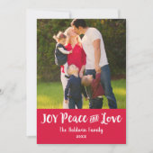 Joy Peace and Love Red Brushedスクリプトフォト シーズンカード (正面)