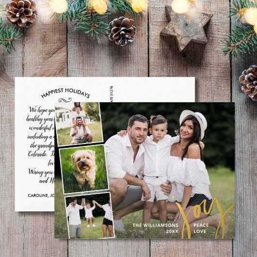 Joy Peace Love書道写真コラージュ金ゴールド 箔シーズンポストカード