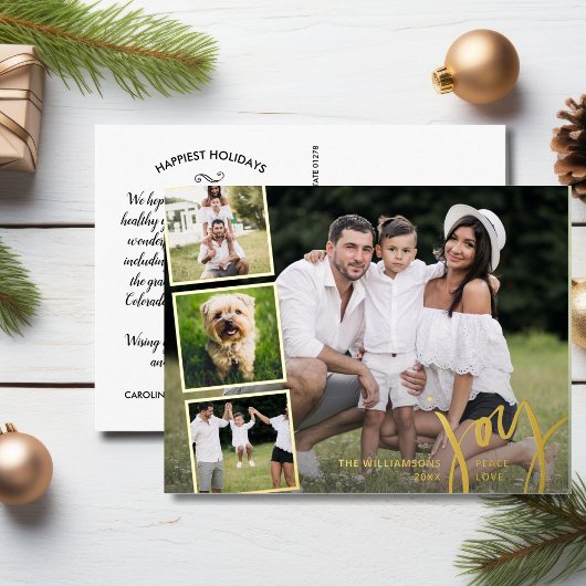 Joy Peace Love書道写真コラージュ金ゴールド 箔シーズンポストカード