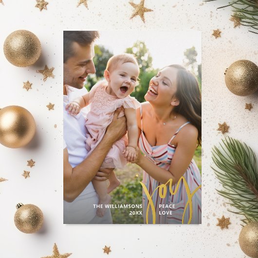 Joy Peace Love Christmas書道2枚の写真金ゴールド 箔招待状
