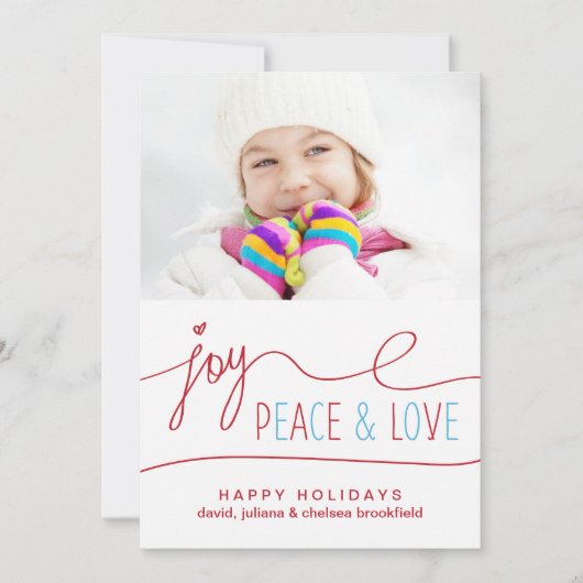 Joy Peace & Love Christmas Letterフォトフラットカード シーズンカード (正面)
