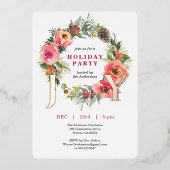 Joy Pink Floral Wreath Christmas Party Foil 箔シーズンカード (正面)