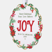 Joy Poinsettia Wreath Botanical Elegant Christmas オーナメントカード (左)