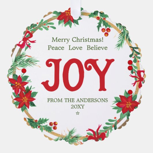 Joy Poinsettia Wreath Botanical Elegant Christmas オーナメントカード (正面)