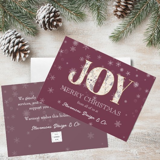 Joy Red Business Holiday Card with Logo シーズンカード