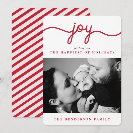 Joy Red Script モダン Christmas Photo Card シーズンカード (正面/裏面)