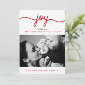 Joy Red Script モダン Christmas Photo Card シーズンカード (スタンド正面)