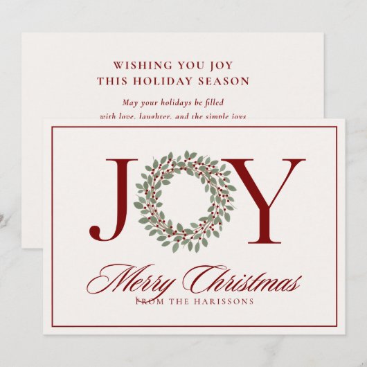 Joy red wreath non photo holiday christmas card シーズンカード (正面/裏面)