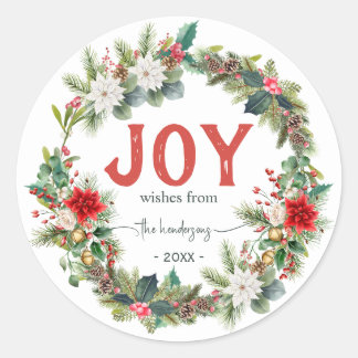 Joy Rustic Typography Name Christmas Wreath  Red  ラウンドシール