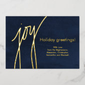Joy Simple Modern Gold Script Holiday Card 箔シーズンカード (正面)