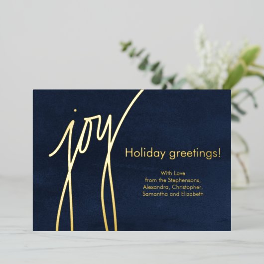Joy Simple Modern Gold Script Holiday Card 箔シーズンカード (立ち正面)
