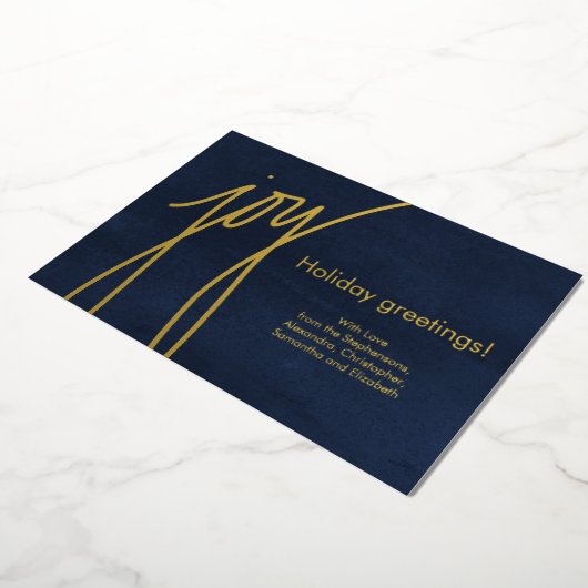 Joy Simple Modern Gold Script Holiday Card 箔シーズンカード (回転した状態)