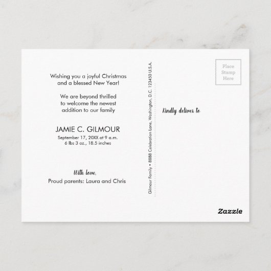 Joy to the Worldのベビー初めてのクリスマス写真 ポストカード (裏面)