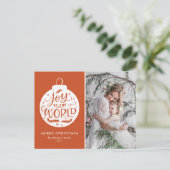 Joy To The Worldレタリングオレンジのクリスマスフォト シーズンポストカード (スタンド正面)